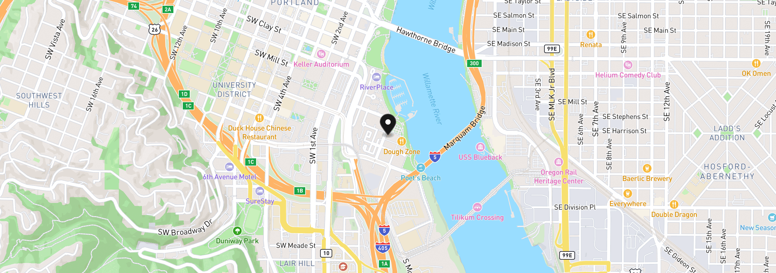 Map showing the location of 1900 S River Dr N112, Portland, OR 97201