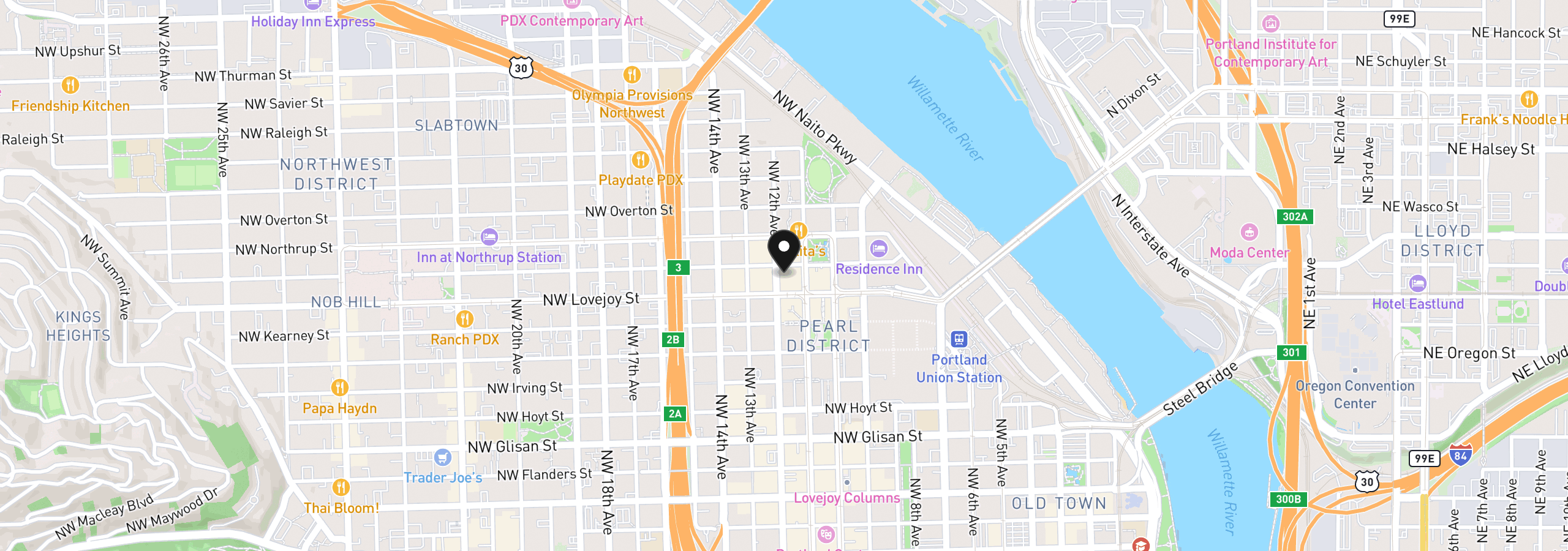Map showing the location of 1030 NW 12th Ave 108, Portland, OR 97209