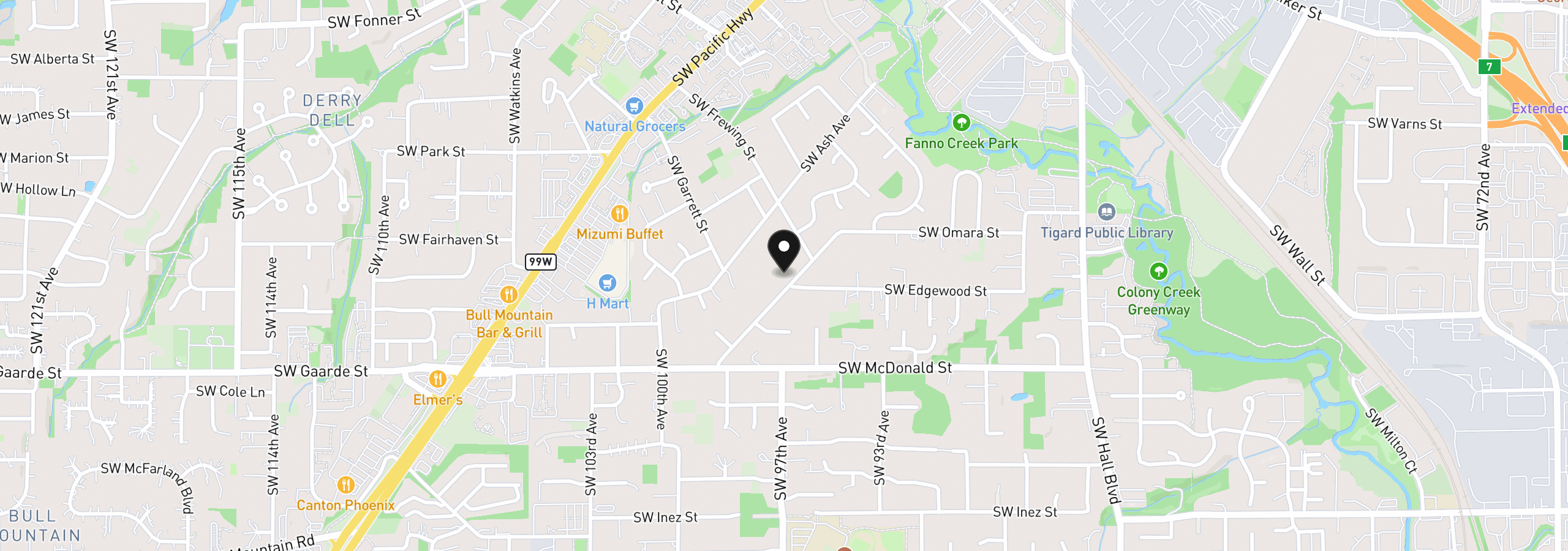 Map showing the location of 9615 SW Omara St, Portland, OR 97223
