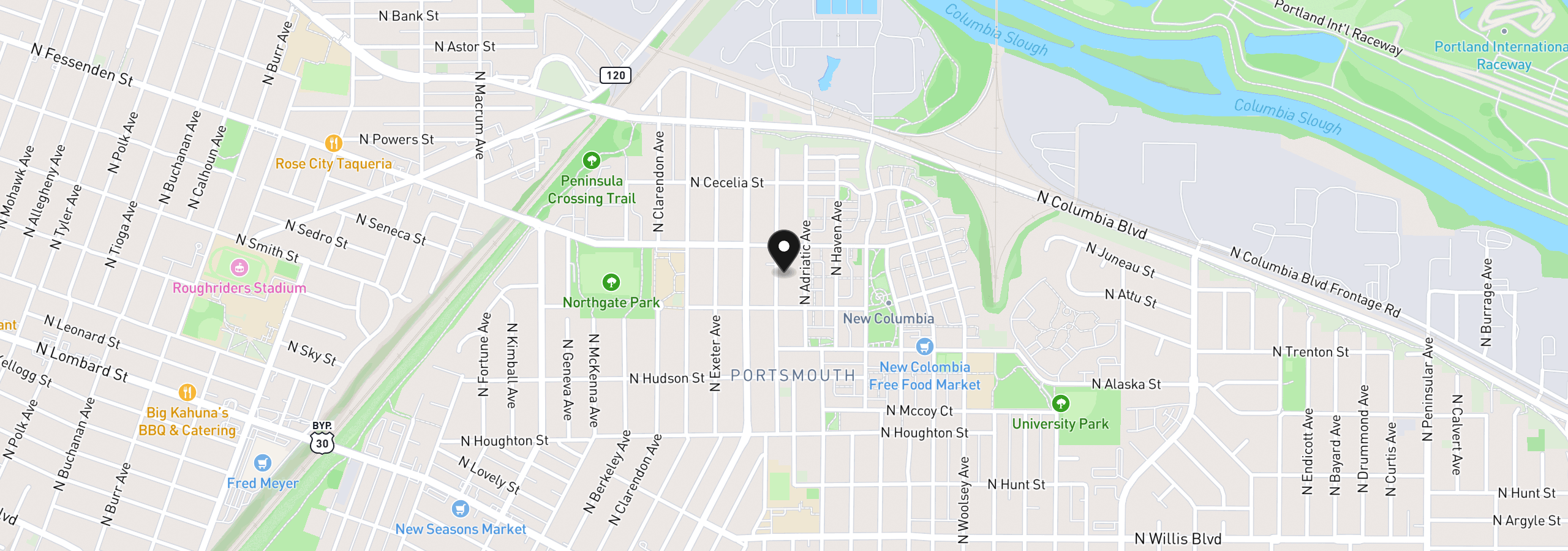 Map showing the location of 9350 N Hodge Ave, Portland, OR 97203
