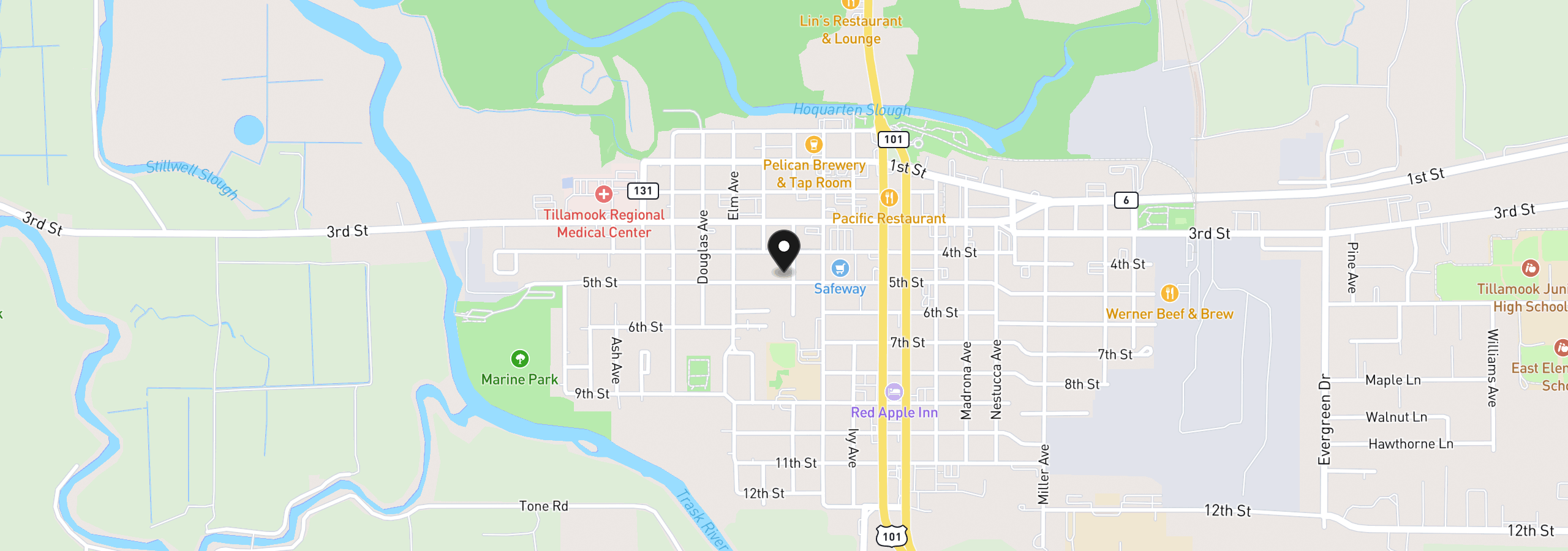 Map showing the location of 1614 5th St, Tillamook, OR 97141