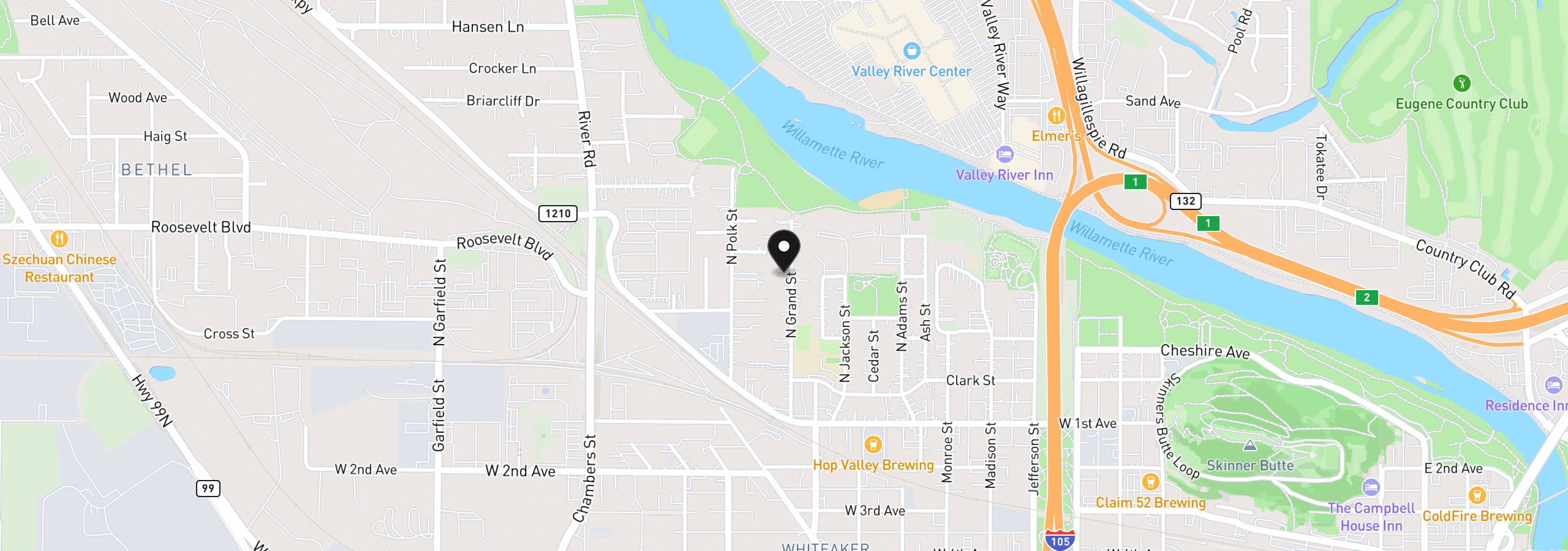 Map showing the location of 260 N Grand St, Eugene, OR 97402