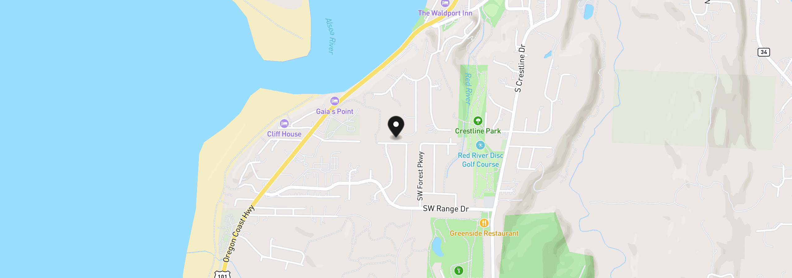 Map showing the location of 640 SW Kelsie Ln, Waldport, OR 97394