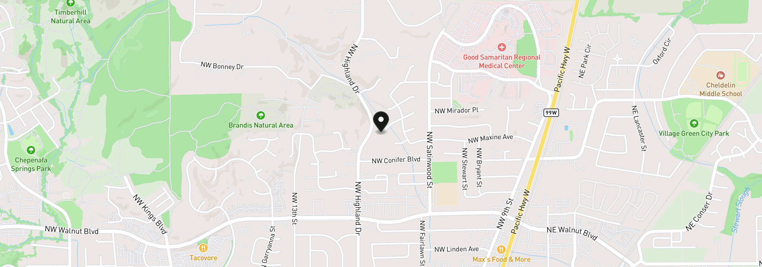 Map showing the location of 916 NW Chipmunk Pl, Corvallis, OR 97330