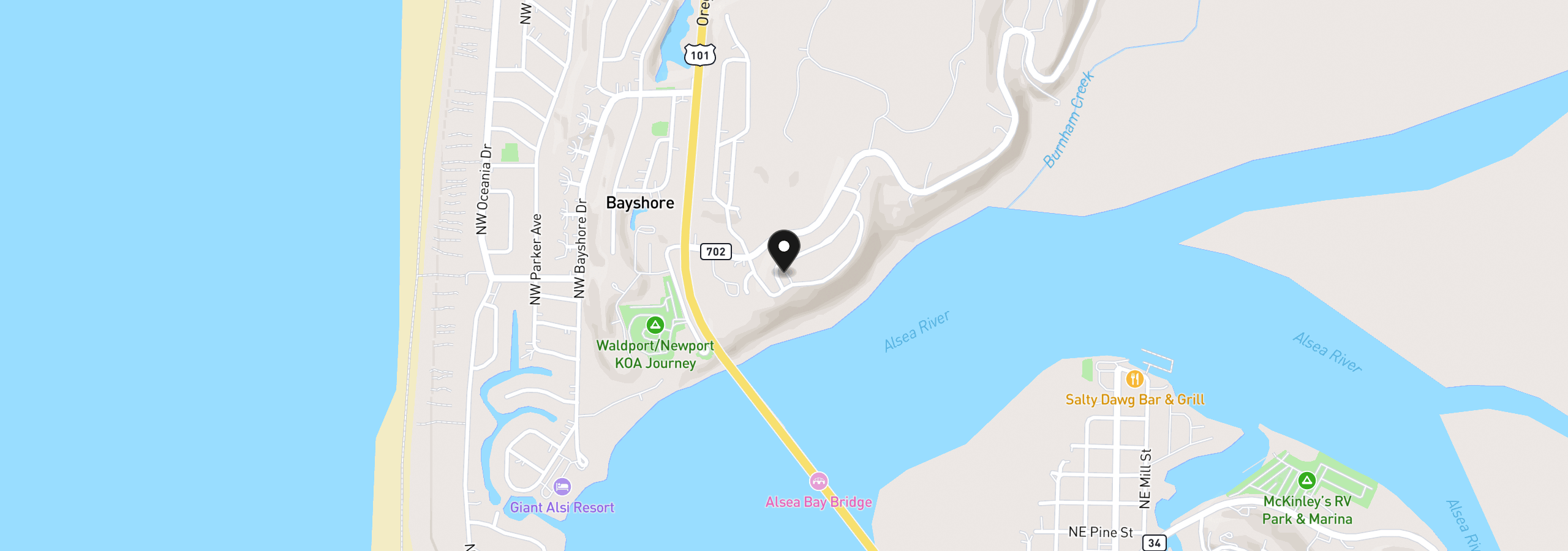 Map showing the location of 930 NW Highland Dr, Waldport, OR 97394
