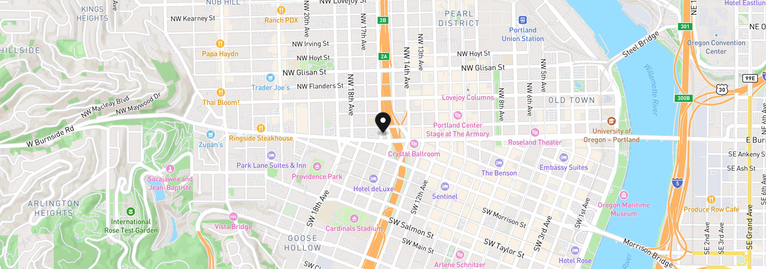 Map showing the location of 20 NW 16th Ave 212, Portland, OR 97209