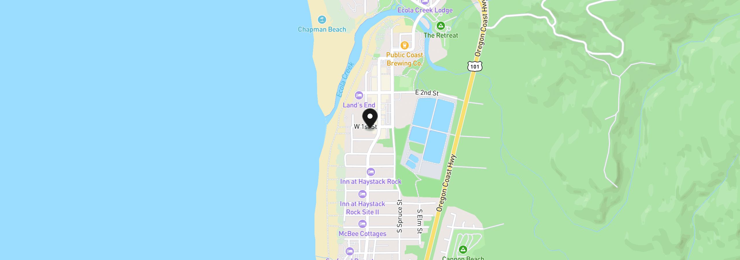 Map showing the location of 123 W 1st Ave, Cannon Beach, OR 97110