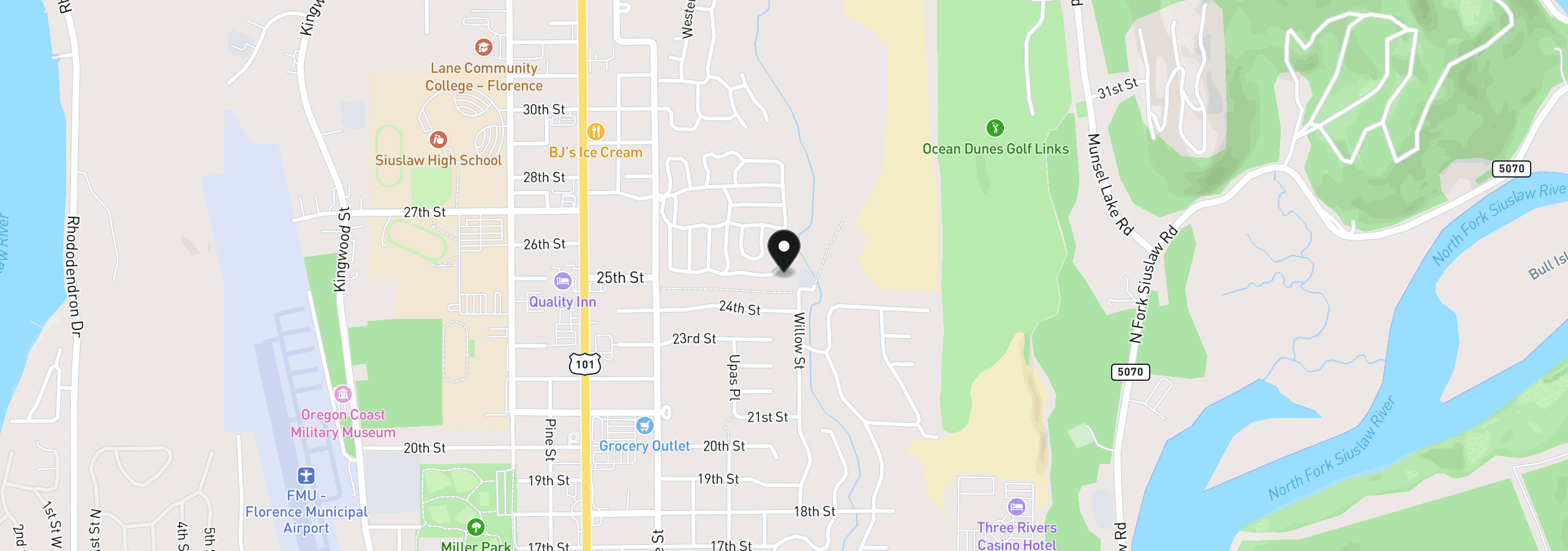 Map showing the location of 148 Outer Dr, Florence, OR 97439