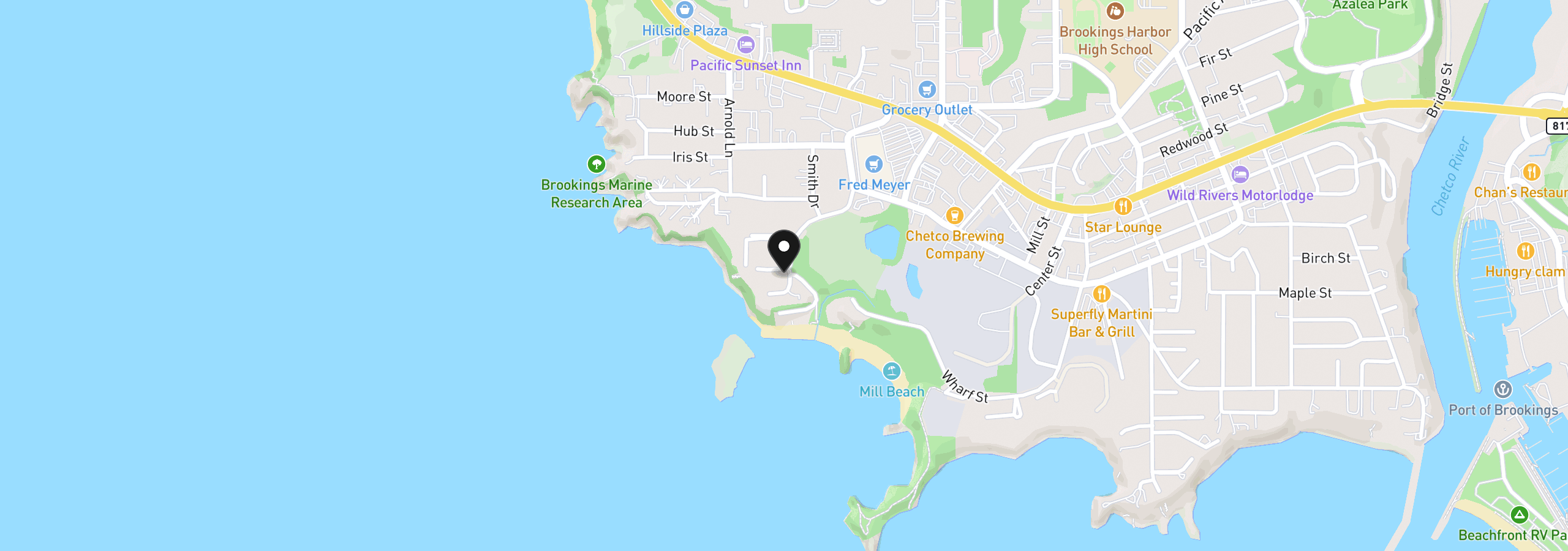 Map showing the location of 1102 Sandy Ln, Brookings, OR 97415