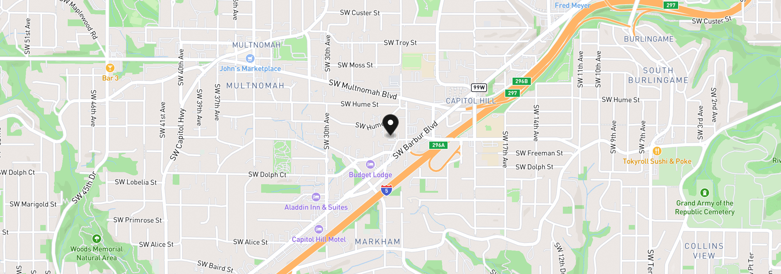 Map showing the location of 2531 SW Spring Garden St 14, Portland, OR 97219