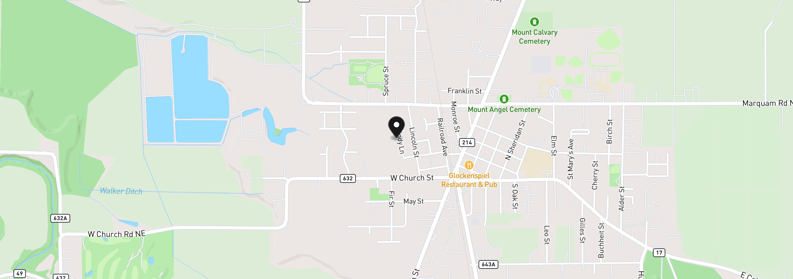 Map showing the location of 360 Cindy Ln, Mt. Angel, OR 97362
