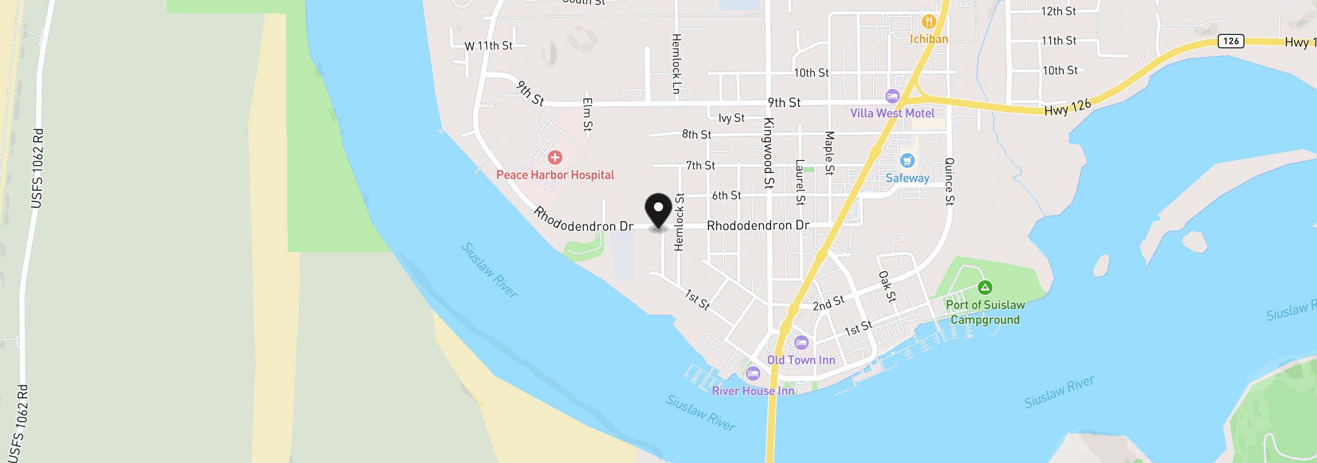 Map showing the location of 844 Rhododendron Dr, Florence, OR 97439