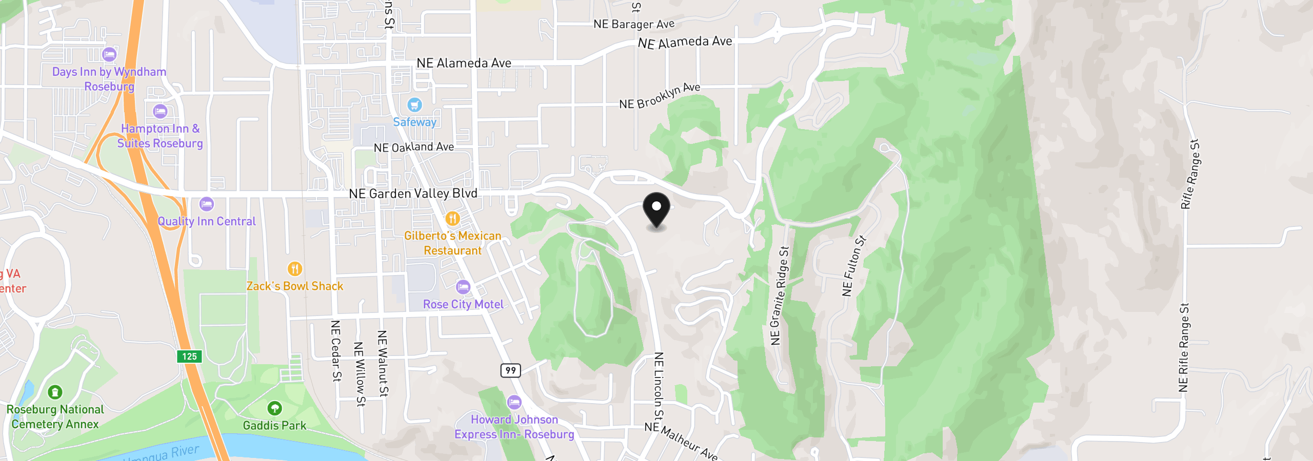 Map showing the location of 1219 NE Junker Ave, Roseburg, OR 97470