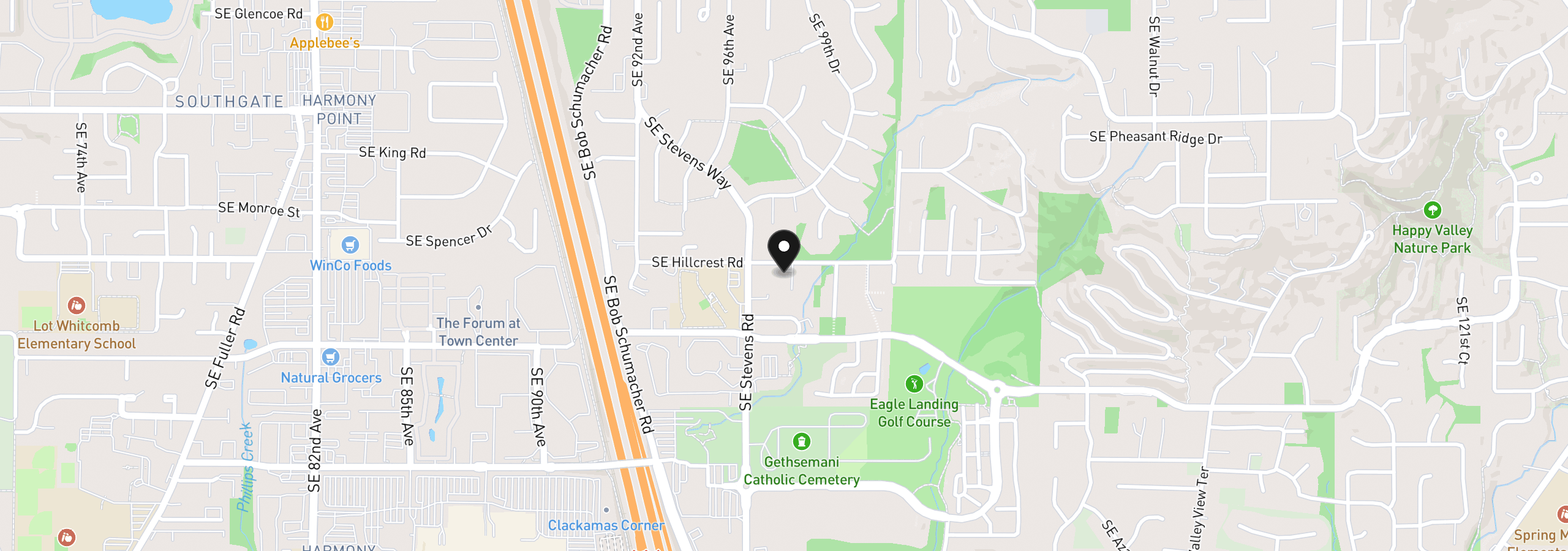 Map showing the location of 9798 SE Hillcrest Rd, Happy Valley, OR 97086