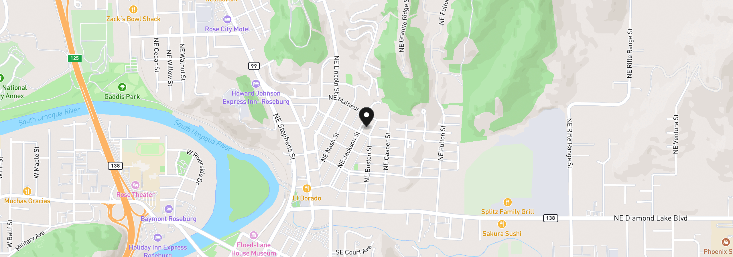 Map showing the location of 727 NE Jackson St, Roseburg, OR 97470