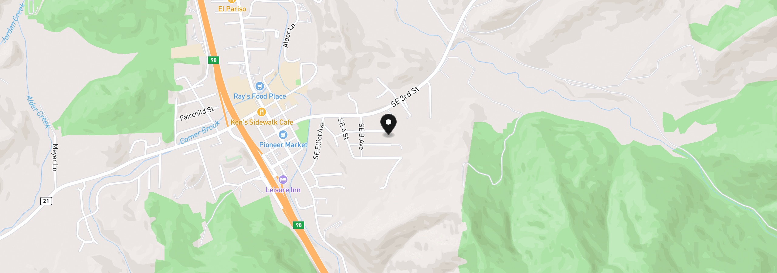 Map showing the location of 591 Mill St, Canyonville, OR 97417