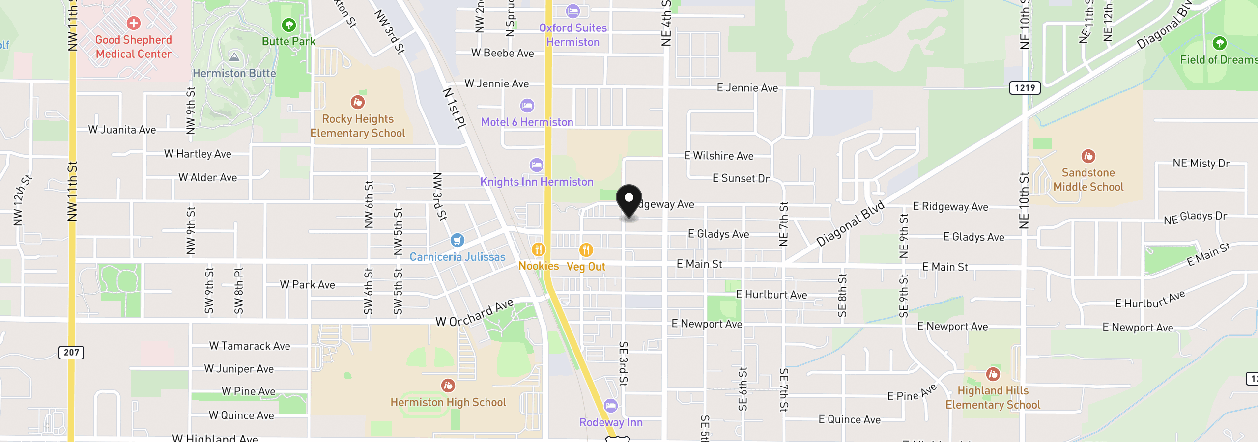 Map showing the location of 220 NE 3rd St, Hermiston, OR 97838