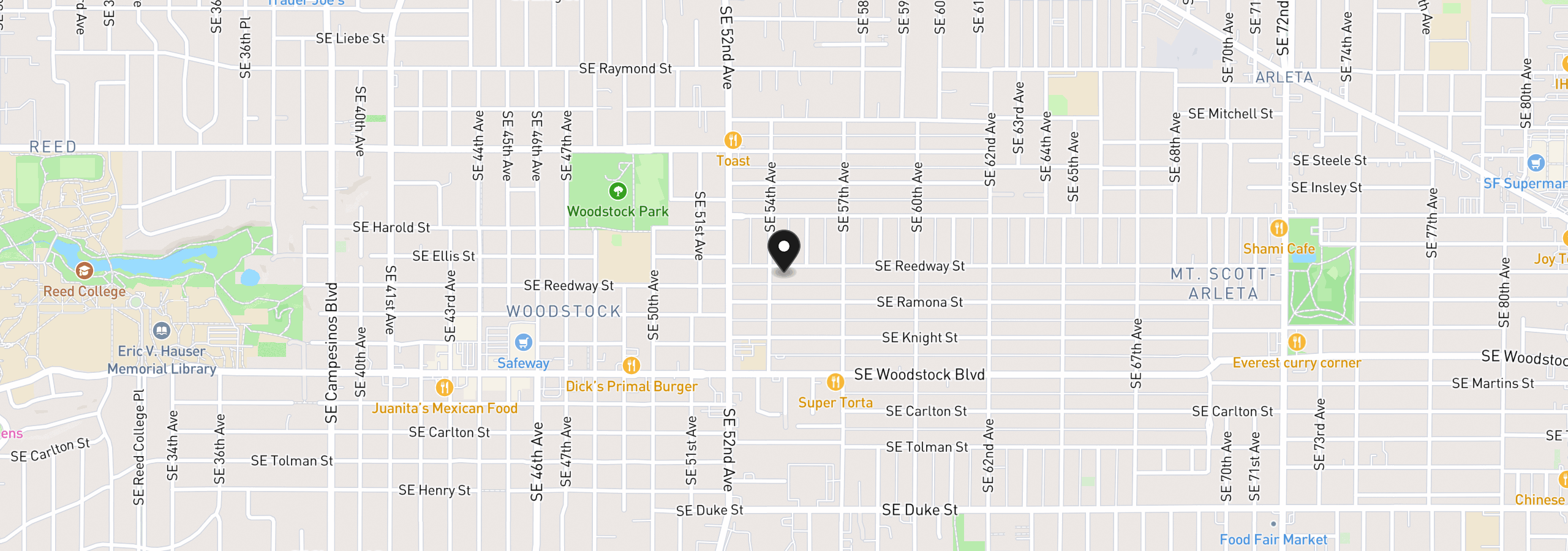 Map showing the location of 5424 SE Reedway St, Portland, OR 97206