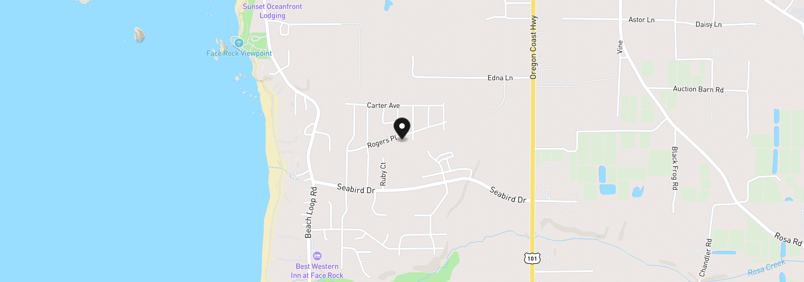 Map showing the location of 845 Rogers Pl, Bandon, OR 97411