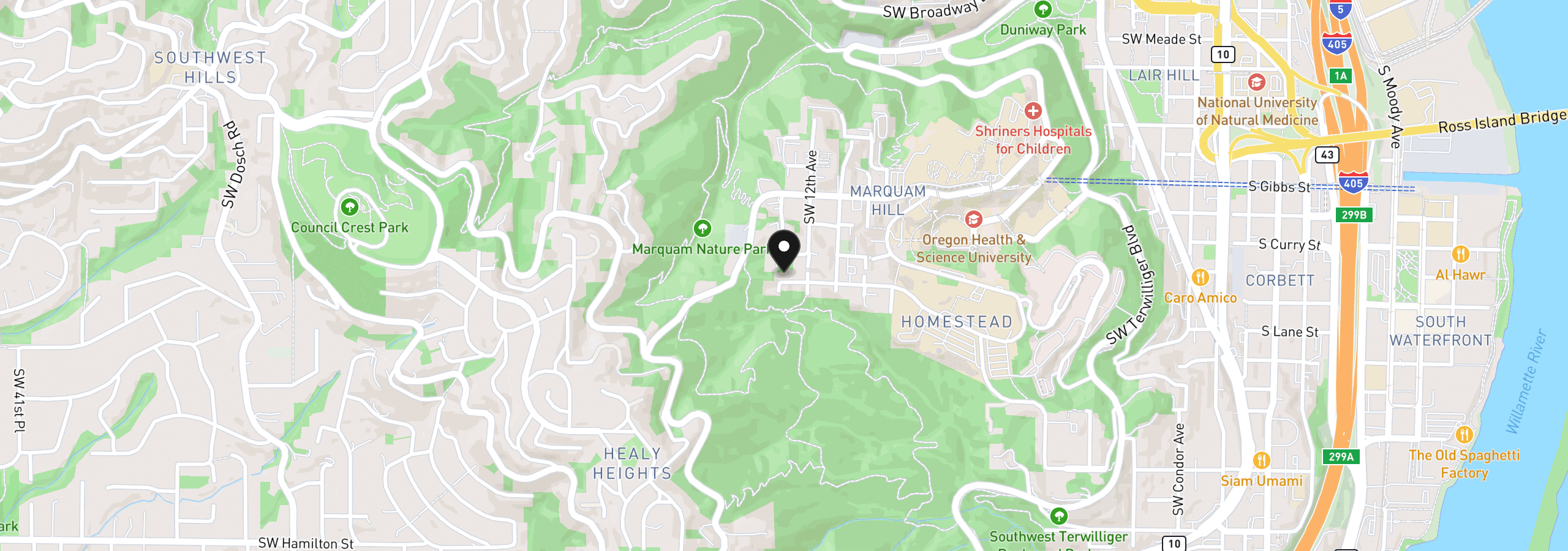Map showing the location of 1239 SW Gaines St, Portland, OR 97239