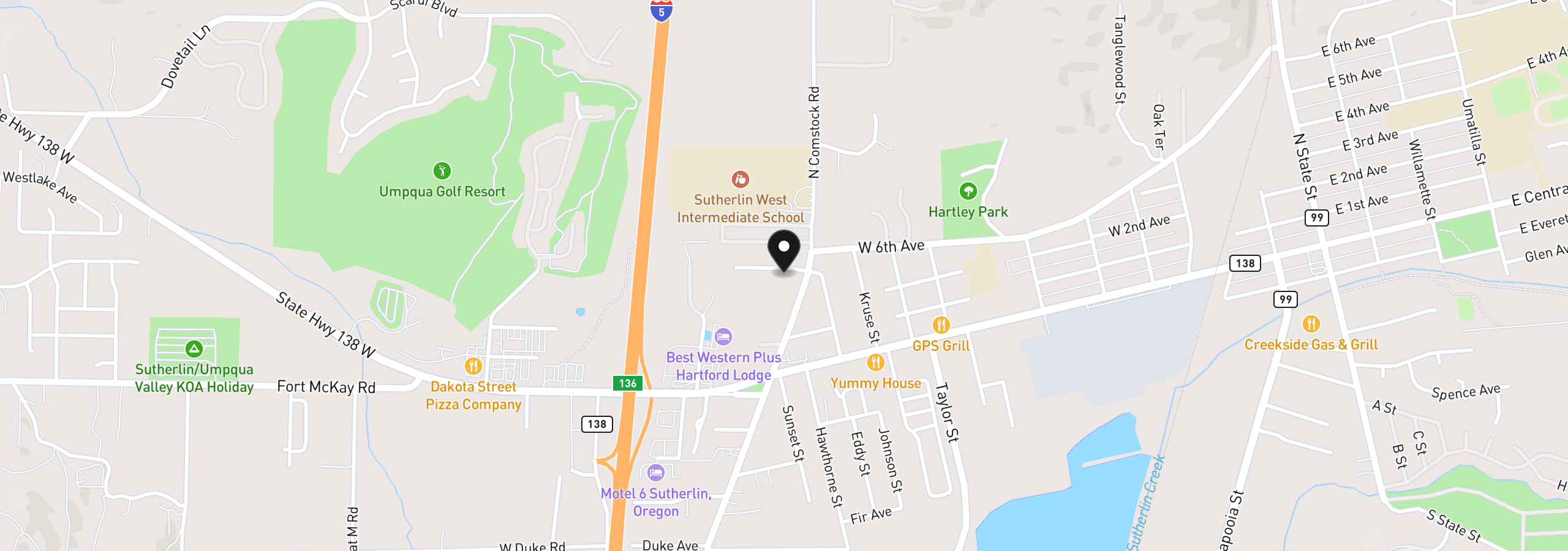 Map showing the location of 170 Addison Ave, Sutherlin, OR 97479
