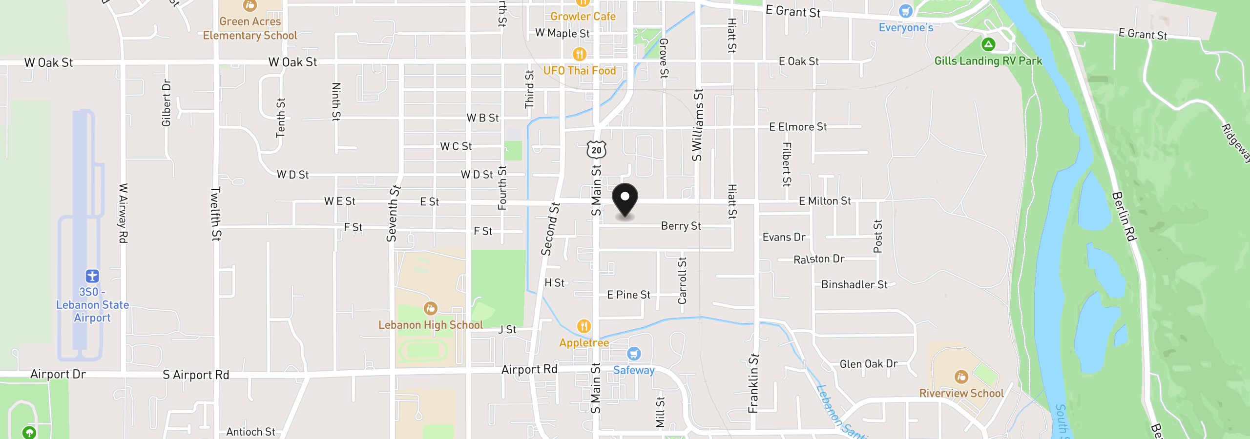 Map showing the location of 105 SE Berry St, Lebanon, OR 97355