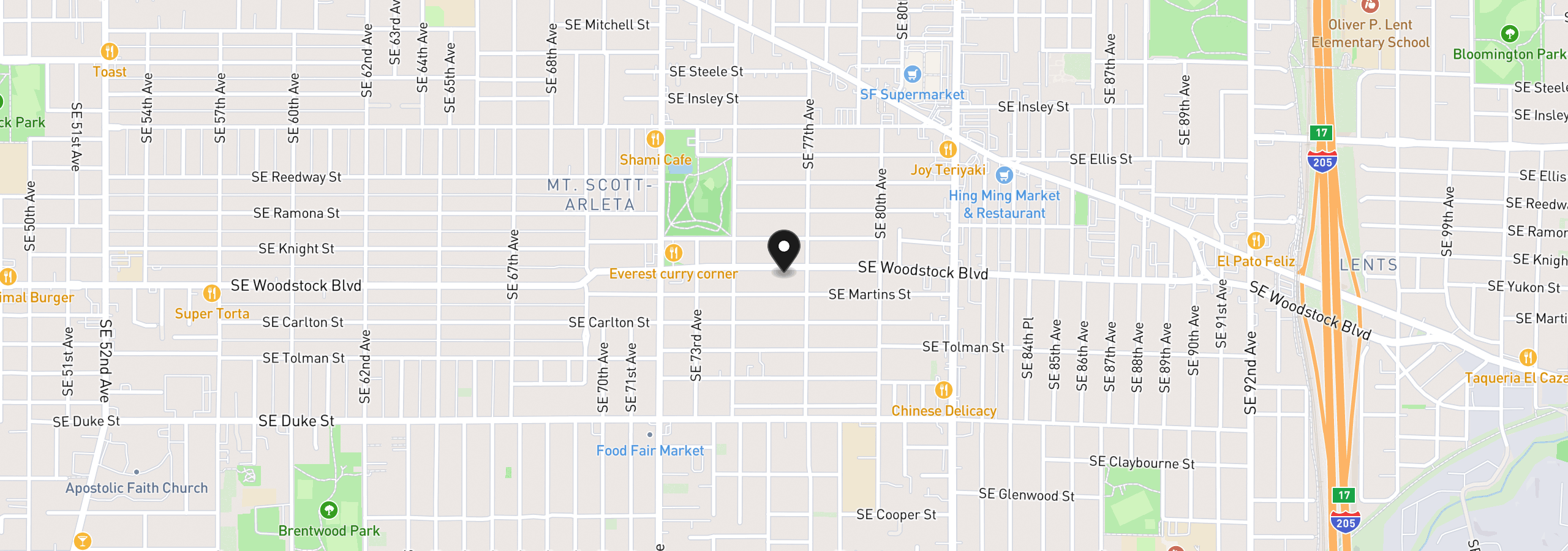 Map showing the location of 7604 SE Woodstock Blvd, Portland, OR 97206
