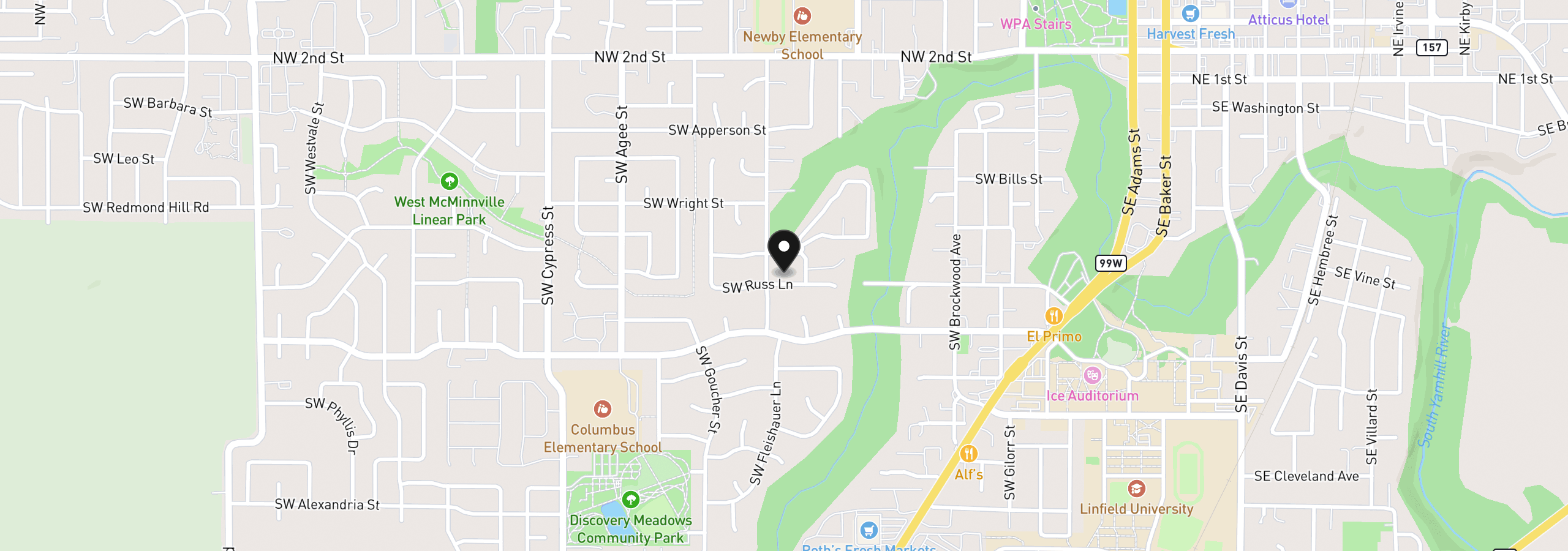 Map showing the location of 1279 SW Russ Ln, McMinnville, OR 97128