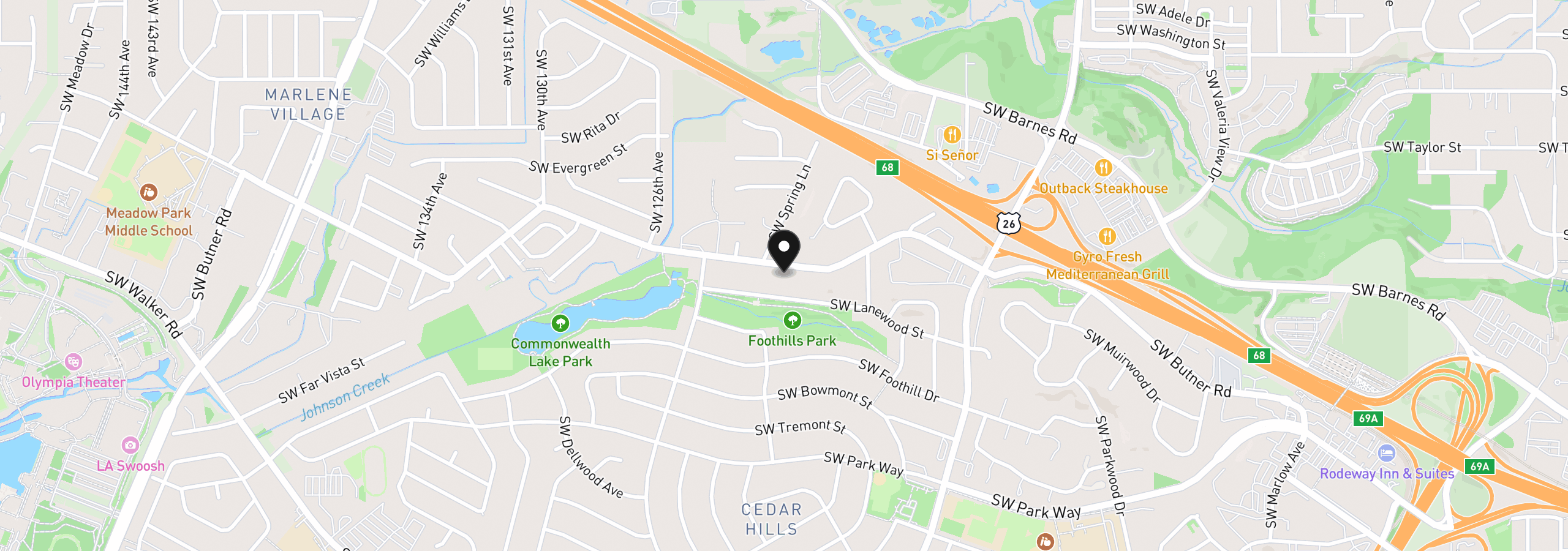 Map showing the location of 12130 SW Butner Rd, Portland, OR 97225