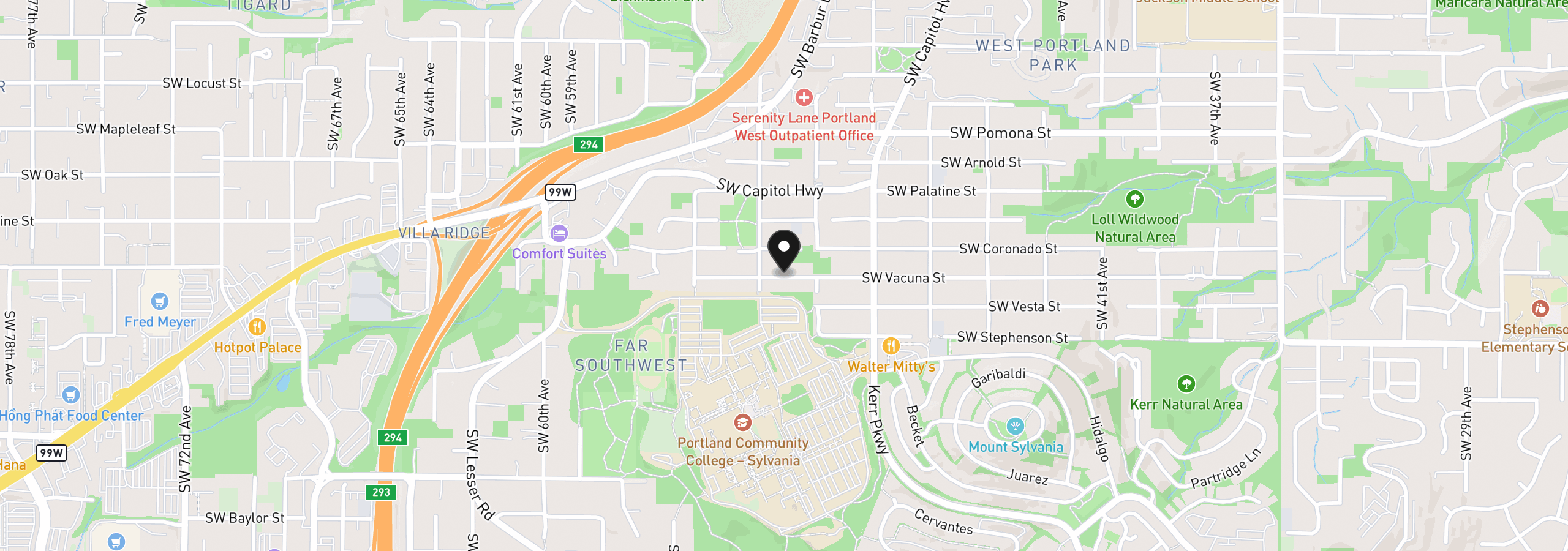Map showing the location of 5213 SW Vacuna St, Portland, OR 97219