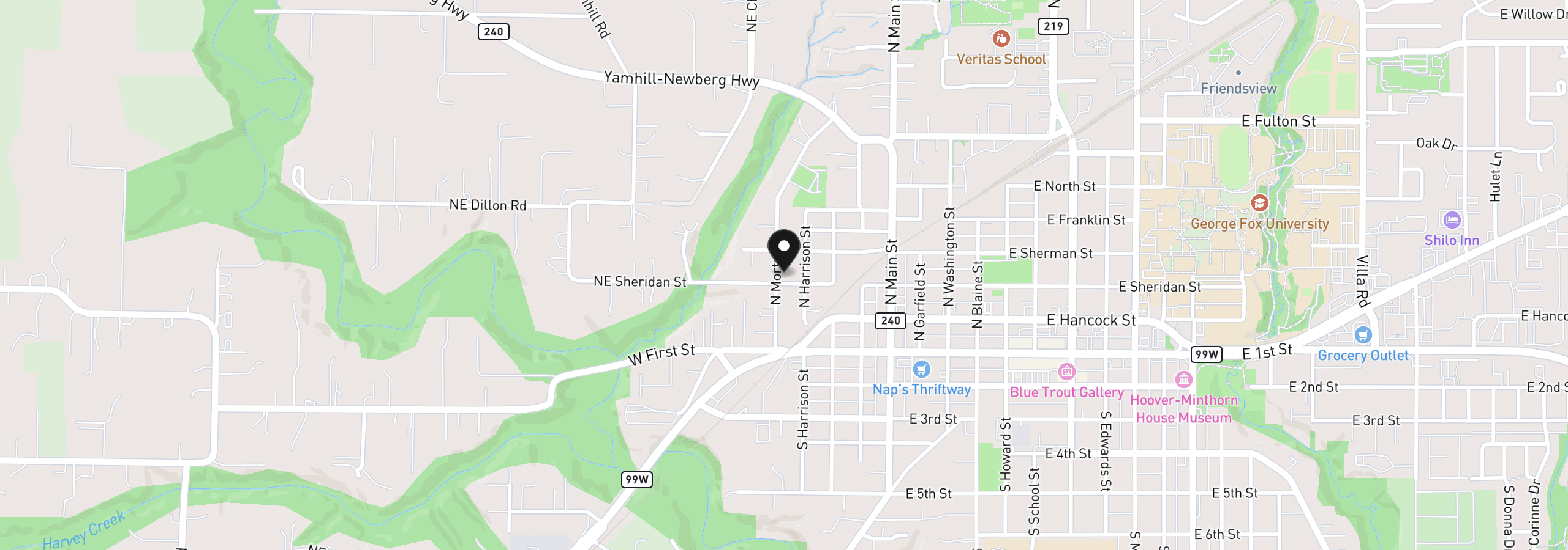 Map showing the location of 300 N Morton St, Newberg, OR 97132