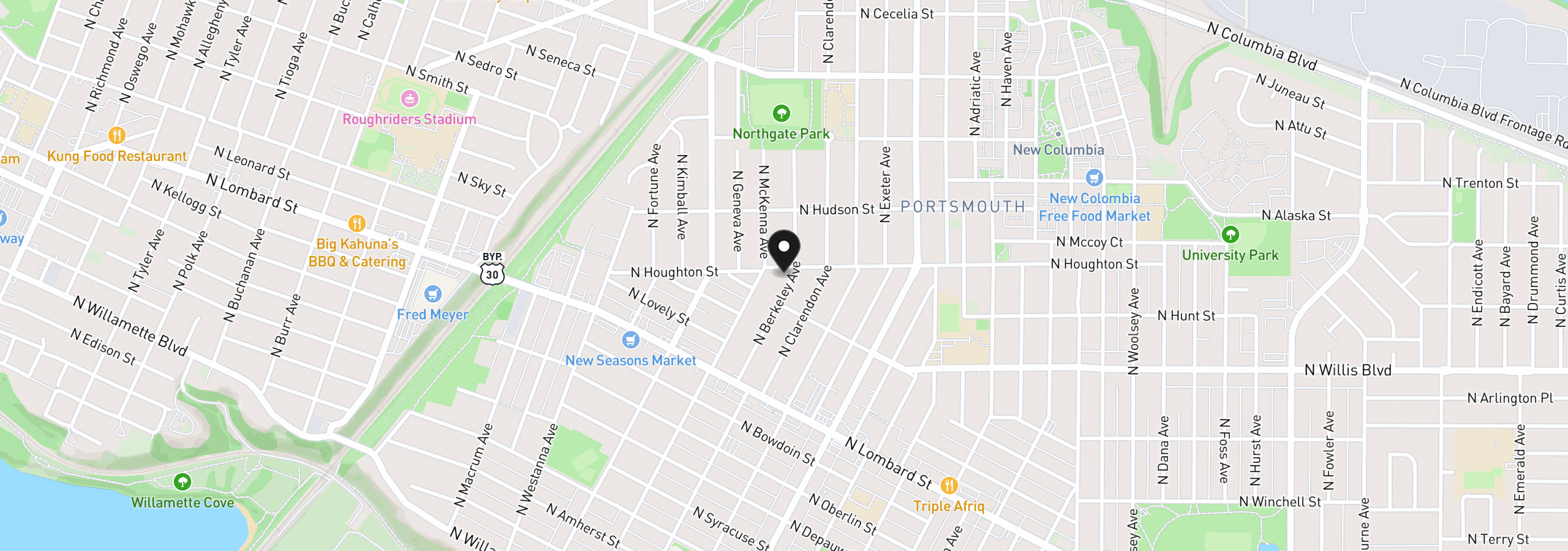 Map showing the location of 8417 N Berkeley Ave, Portland, OR 97203