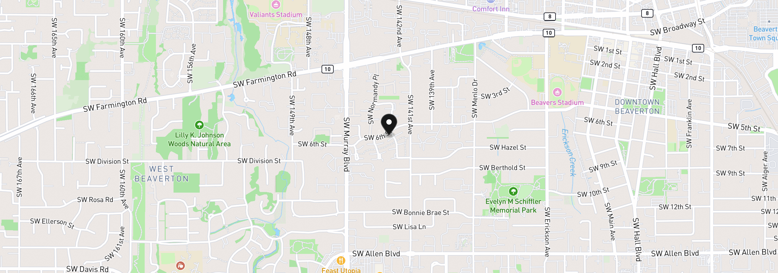 Map showing the location of 14190 SW 6th St, Beaverton, OR 97005