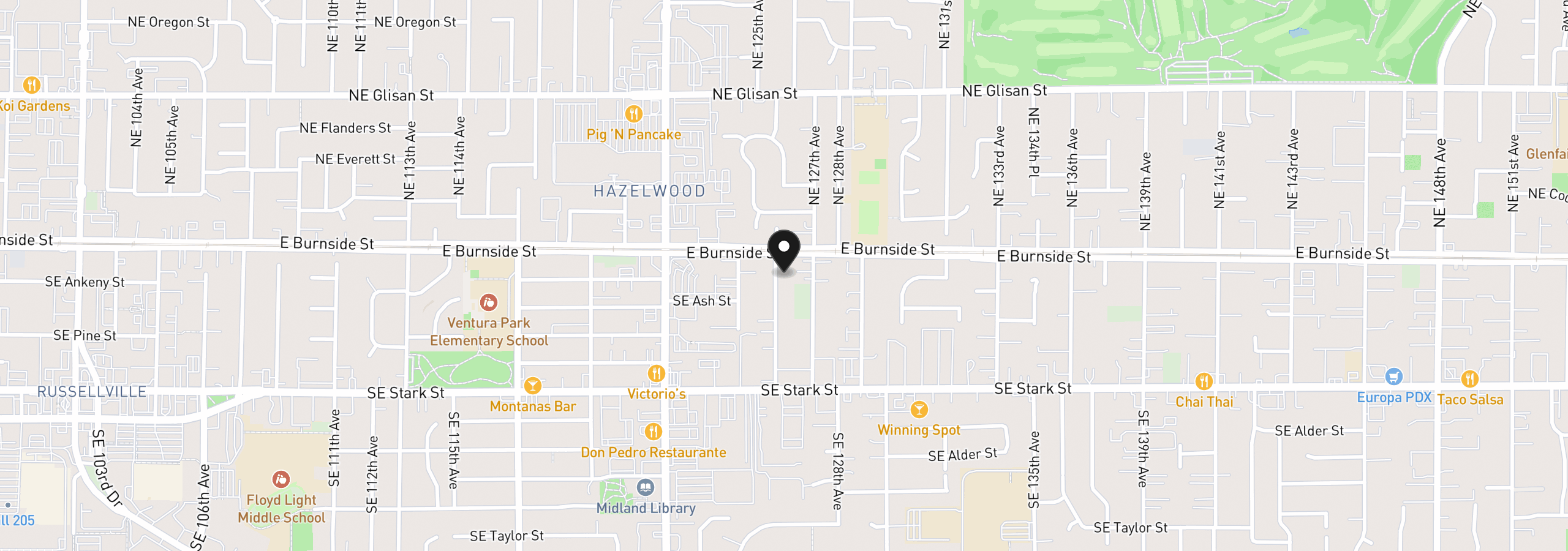Map showing the location of 32 SE 126th Ave, Portland, OR 97233