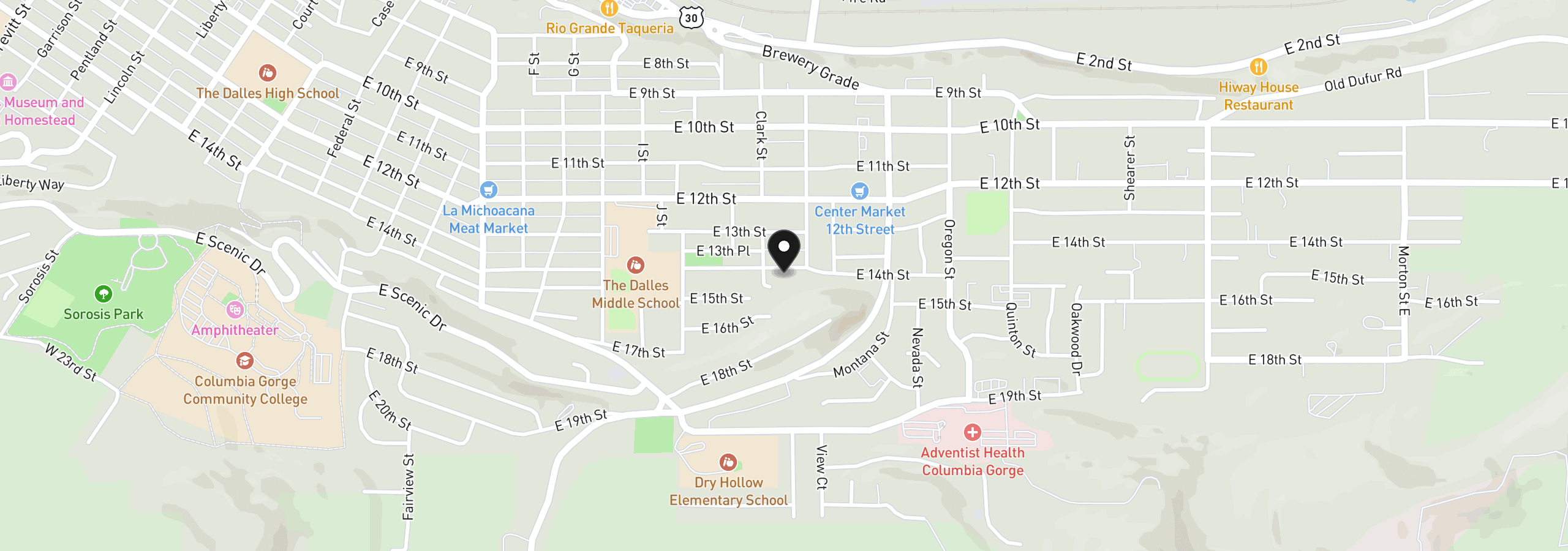 Map showing the location of 1514 E 14th St, The Dalles, OR 97058