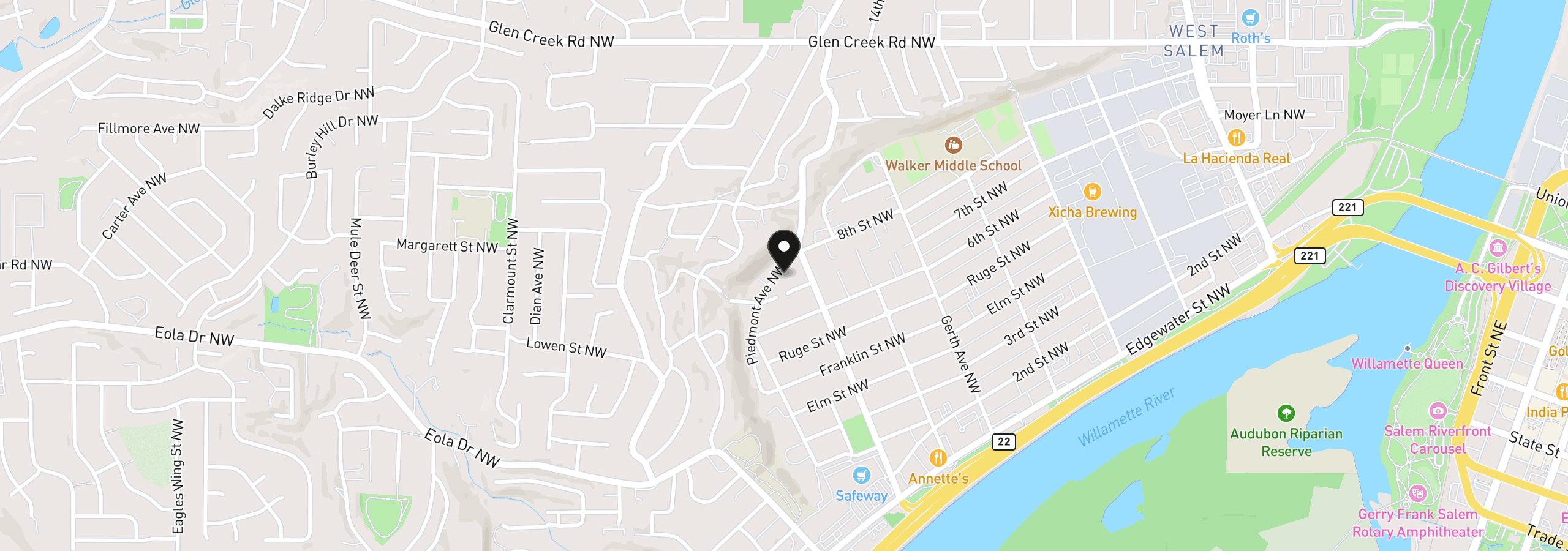 Map showing the location of 850 Piedmont Ave, Salem, OR 97304