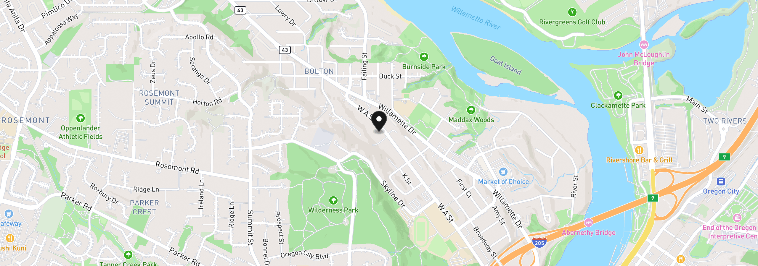 Map showing the location of 5910 W A St, West Linn, OR 97068