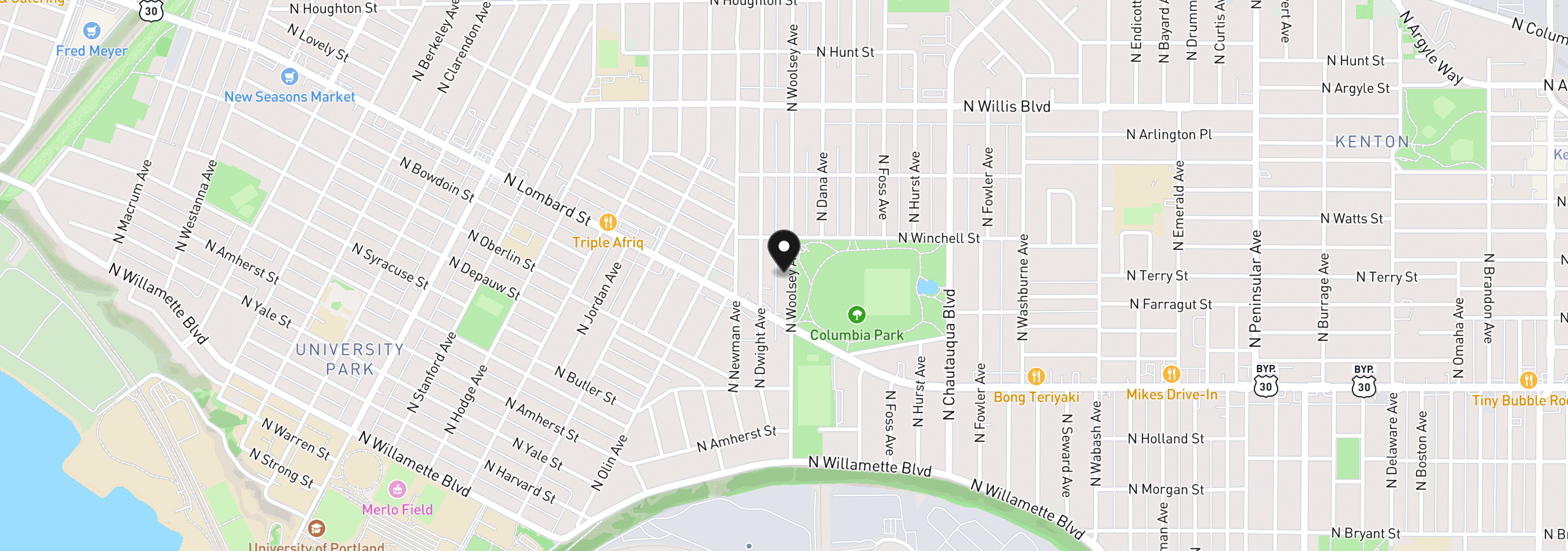 Map showing the location of 7605 N Woolsey Ave, Portland, OR 97203