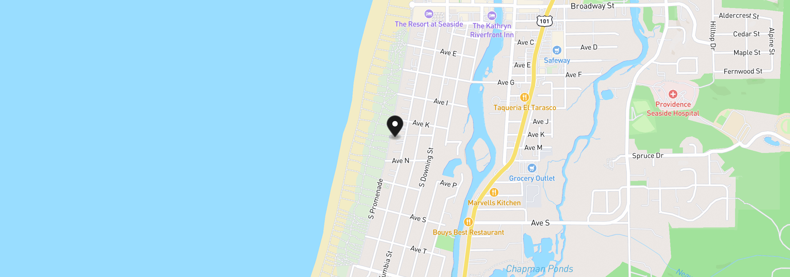 Map showing the location of 1221 S Prom, Seaside, OR 97138