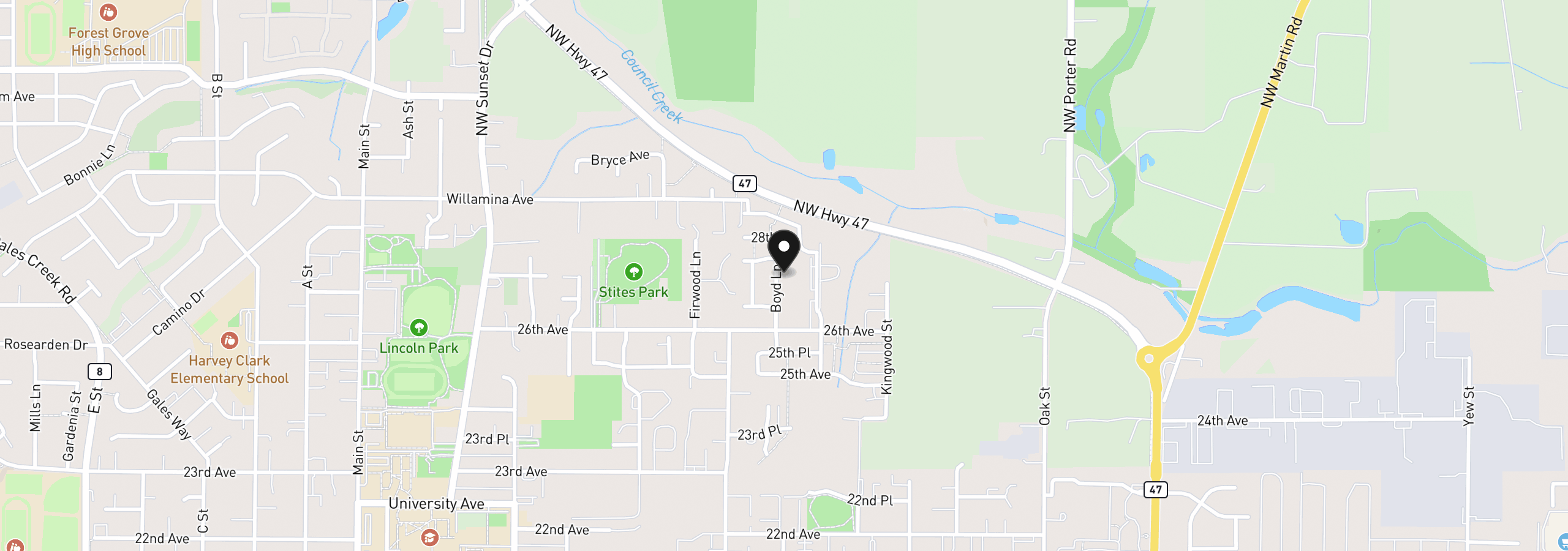 Map showing the location of 2917 Boyd Ln, Forest Grove, OR 97116