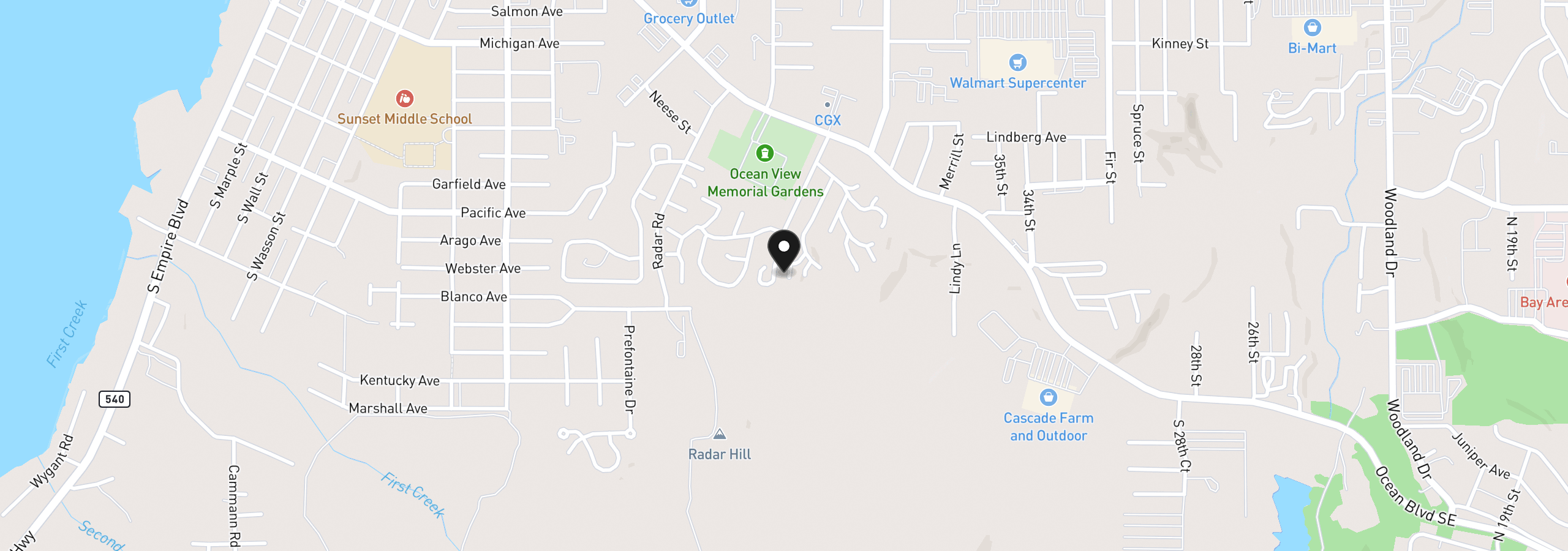 Map showing the location of 530 Shorepines Ct, Coos Bay, OR 97420