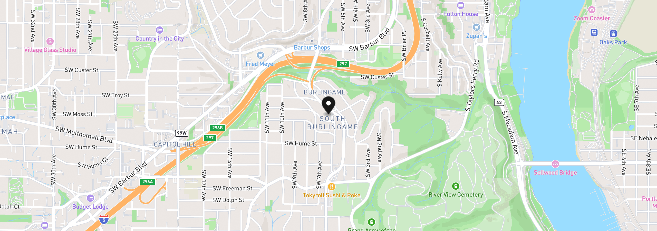 Map showing the location of 7855 SW 6th Ave, Portland, OR 97219
