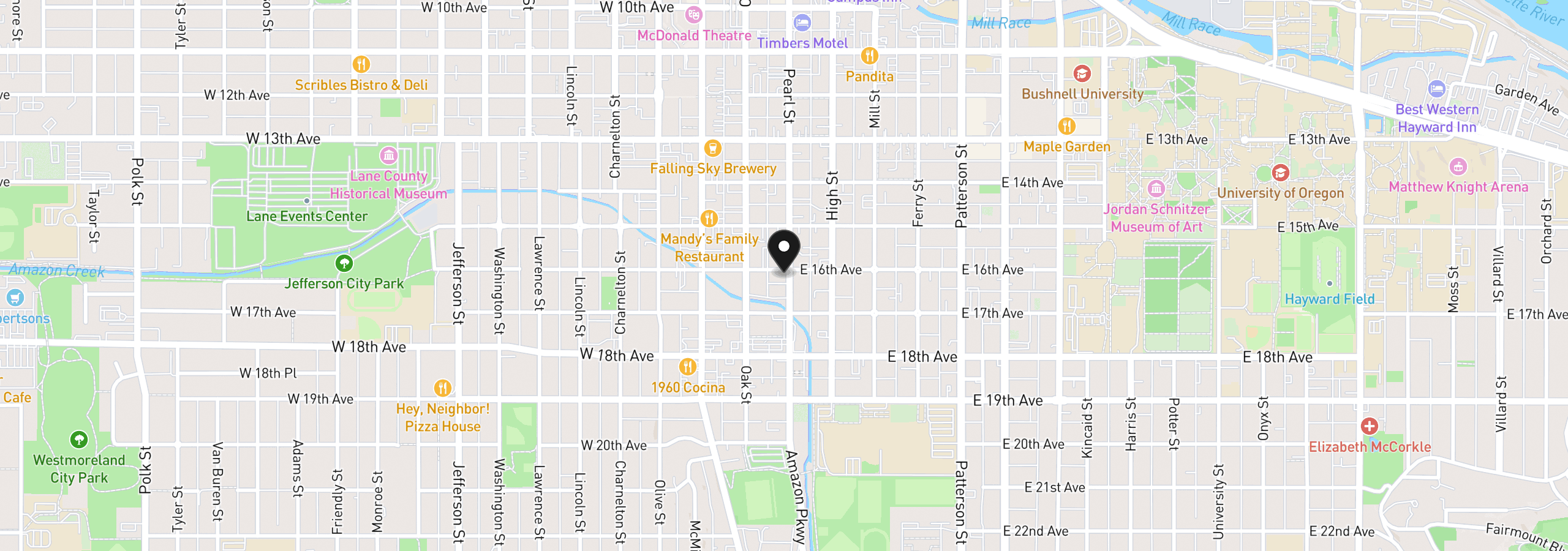 Map showing the location of 1600 Pearl St 608, Eugene, OR 97401