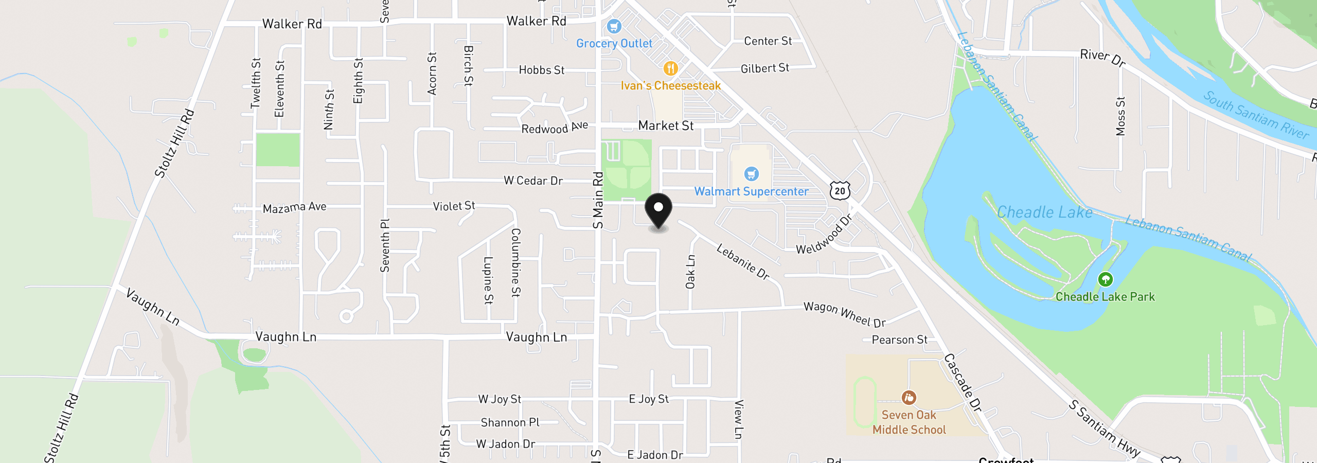 Map showing the location of 82 Weldwood Dr, Lebanon, OR 97355