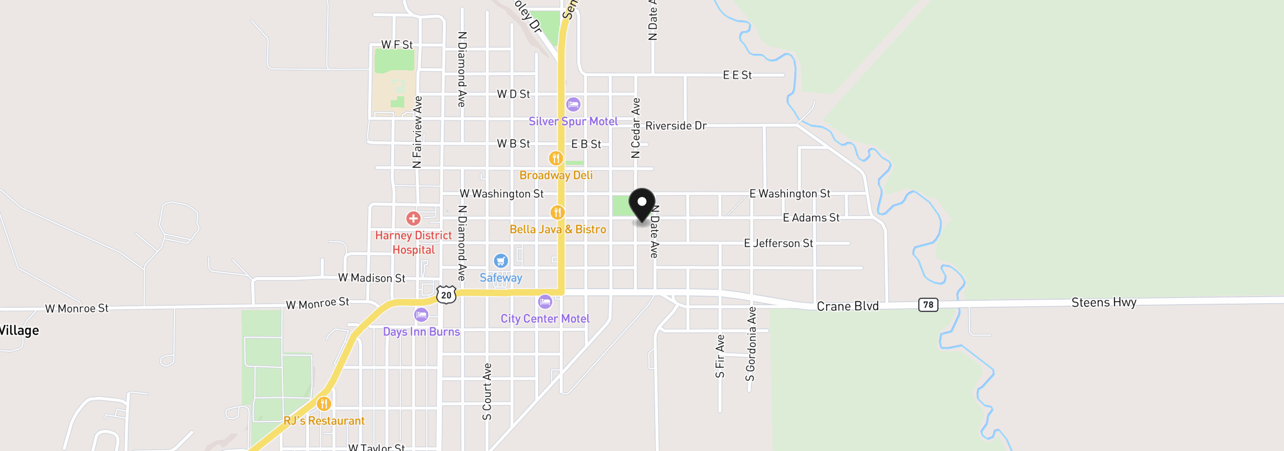 Map showing the location of 305 E Adams St, Burns, OR 97720