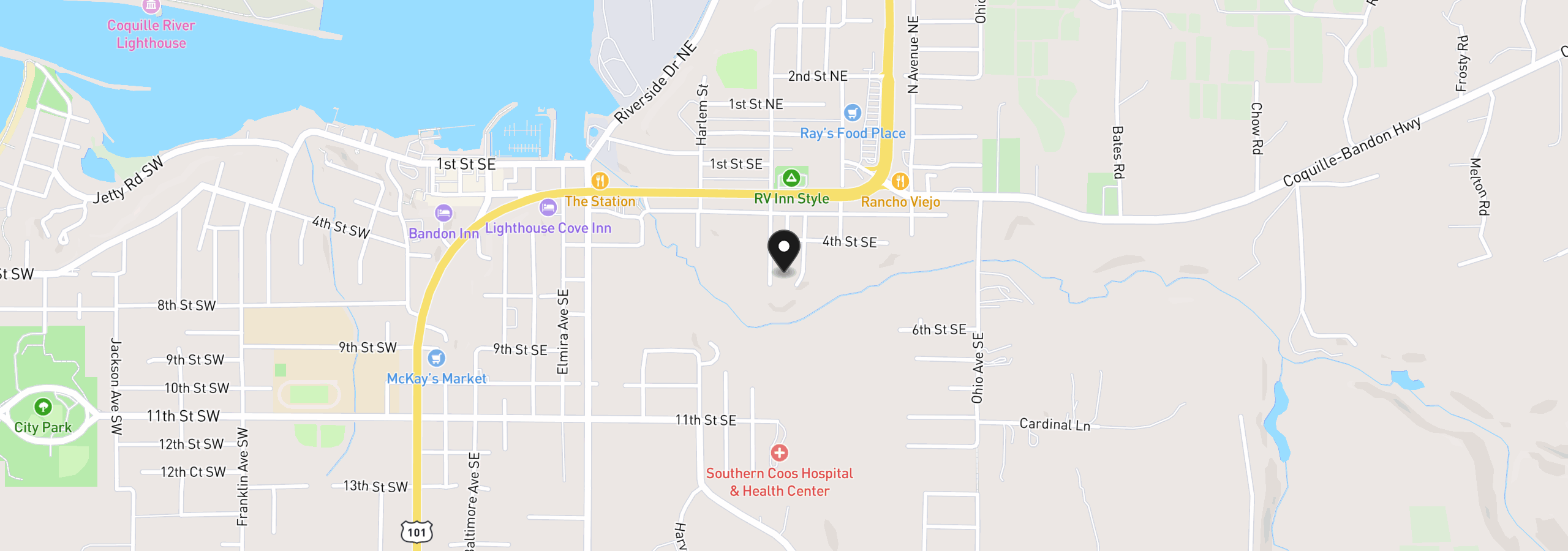 Map showing the location of 498 Klamath Ave SE, Bandon, OR 97411