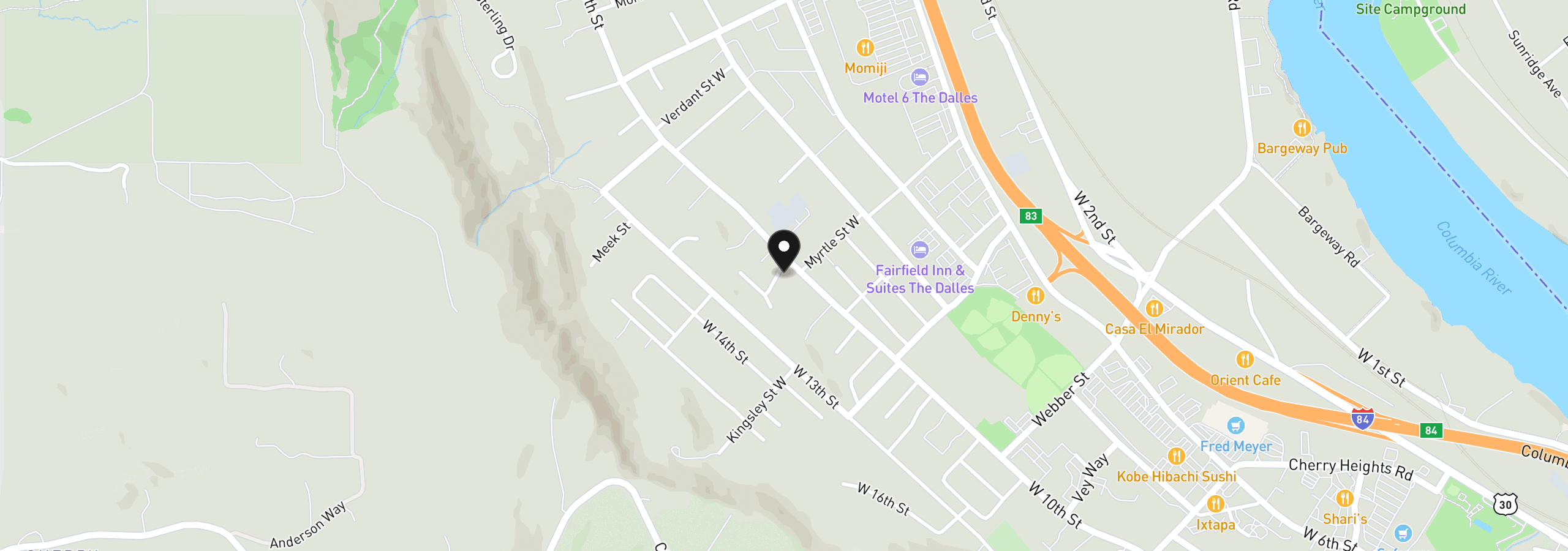 Map showing the location of 1108 Myrtle St, The Dalles, OR 97058