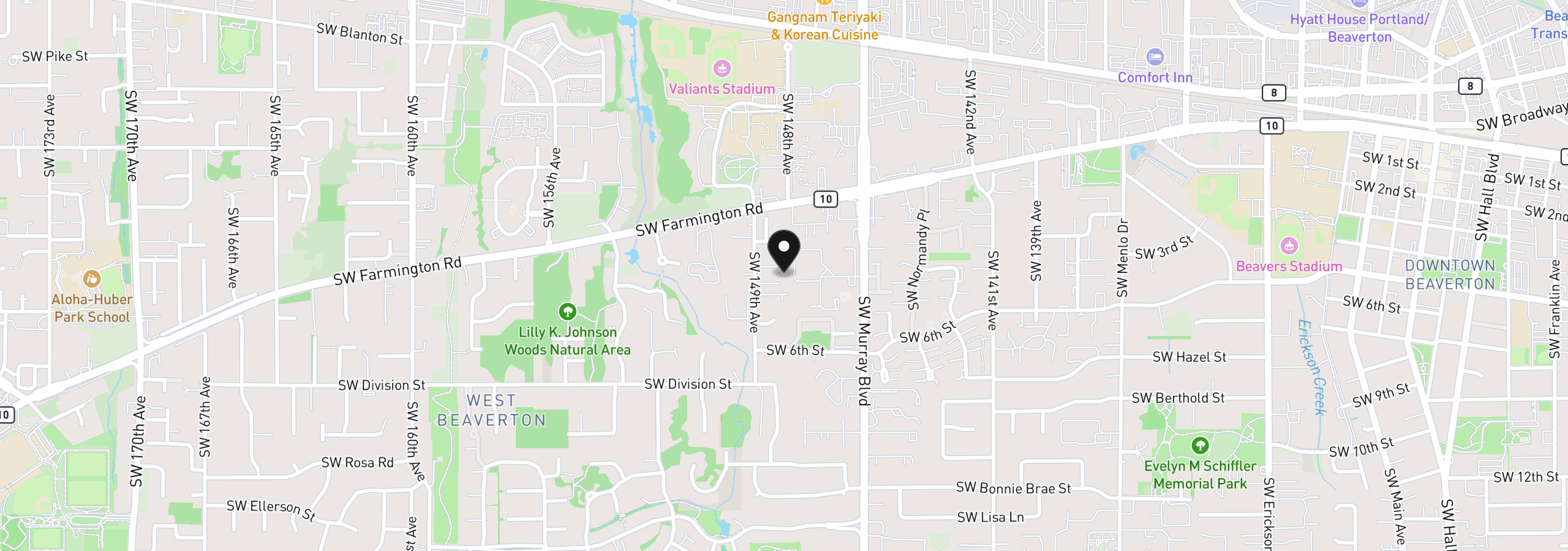 Map showing the location of 14824 SW Woodard Ct, Beaverton, OR 97007