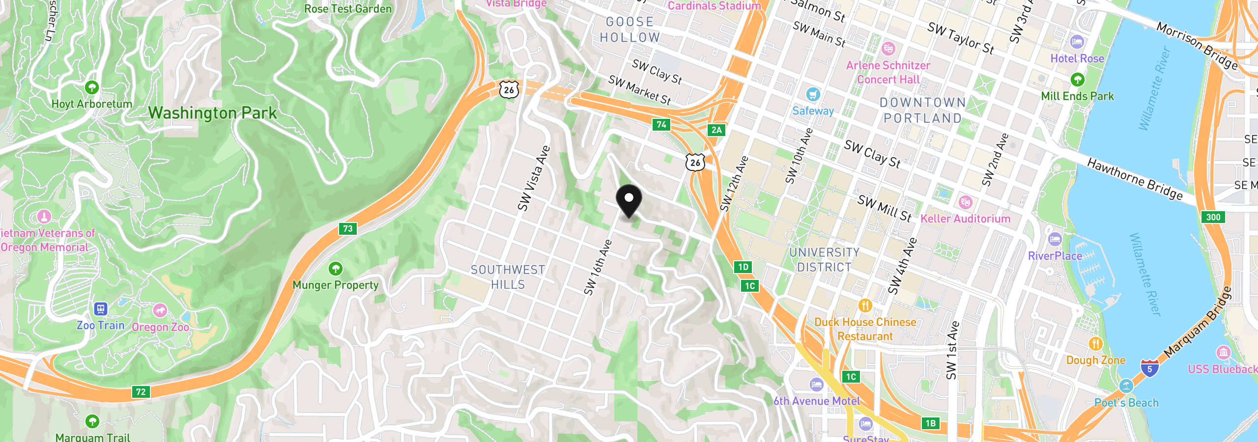 Map showing the location of 1960 SW 16th Ave, Portland, OR 97201
