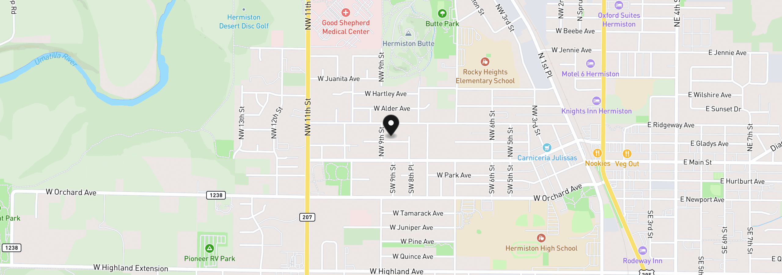 Map showing the location of 850 W Madrona Ave, Hermiston, OR 97838